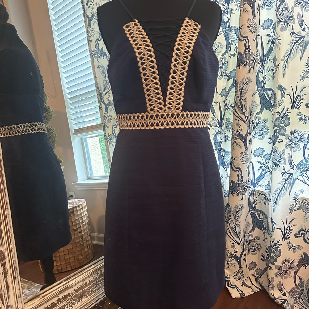 Lilly Pulitzer Gold and Blue Embellished Sheath Mini Dress
